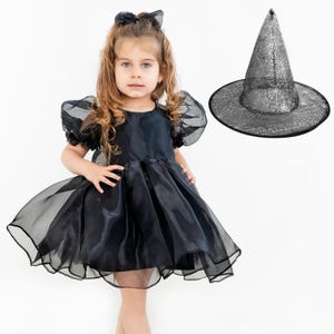 Kids witch costume with hat, whimsical witch cosplay outfit, kids halloween costume, girls baby organze tulle dress, black toddler clothes