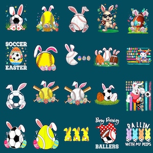 Puede incluir: Una colección de 20 diseños con temática de Pascua que presentan conejos sosteniendo varios equipos deportivos, incluyendo bates de béisbol, balones de fútbol, balones de baloncesto y balones de fútbol. Los diseños incorporan huevos de Pascua, flores y las palabras "Soccer Easter", "Busy Raising Ballers" y "Ballin' With My Peeps".