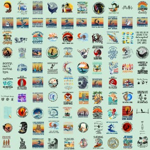 Puede incluir: Una colección de 48 ilustraciones coloridas de estilo vintage con temas de surf. Las ilustraciones incluyen surfistas, olas, tablas de surf y texto relacionado con el surf. Las ilustraciones están sobre un fondo azul claro.