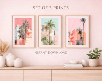 Set of 3 Tropical Prints, Pink House Palm Tree Wall Art (Digital Download)