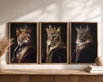Ensemble de portraits de chat royal, art animalier baroque Renaissance, décor minimaliste académique sombre (téléchargement numérique)