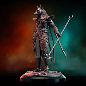 May include: A detailed statue of Anubis, the Egyptian god of the afterlife, depicted with a jackal head and human body. The figure is holding a staff and scepter, standing on a round base. The statue is dark with bronze and purple accents.