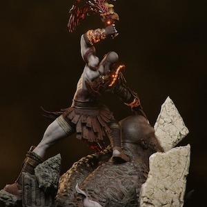 May include: A detailed statue of a muscular warrior in action, wielding a weapon with fiery accents. The figure is atop a textured, dark brown base, with broken stone elements. The warrior is clad in brown and red armor.