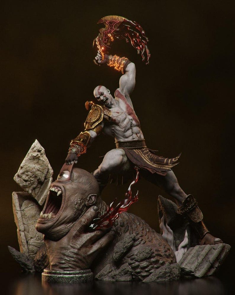 May include: A detailed statue of a muscular figure in battle, wielding a fiery weapon. The figure is atop a monstrous creature with a single eye, with a dark background. The statue features intricate details and a dynamic pose.