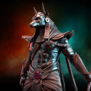 May include: A detailed sculpture of Anubis, the Egyptian god of the afterlife, with a jackal head and human body. The figure is dark with metallic accents, holding a staff. The background has a gradient of red, black, and teal.