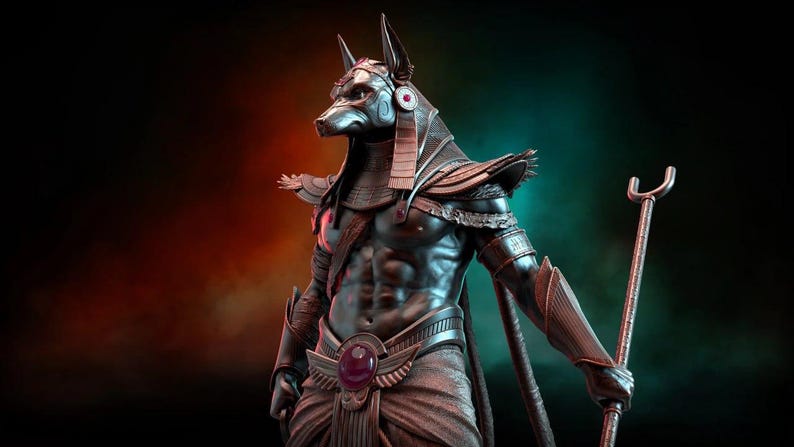 May include: A detailed sculpture of Anubis, the Egyptian god of the afterlife, with a jackal head and human body. The figure is dark with metallic accents, holding a staff. The background has a gradient of red, black, and teal.