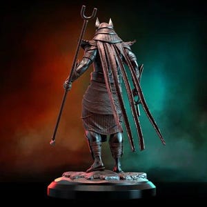 May include: A dark statue of a figure with a jackal head, holding a staff. The figure wears a headdress and long, flowing elements. The statue is on a round base, set against a gradient background of red, green, and black.