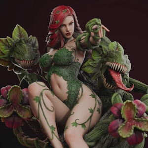 Puede incluir: Estatua detallada de una mujer con cabello rojo y vestimenta verde similar a la hiedra, rodeada de una gran y amenazante vegetación. La figura posa con un dedo apuntando, y las plantas presentan dientes afilados y colores vibrantes.