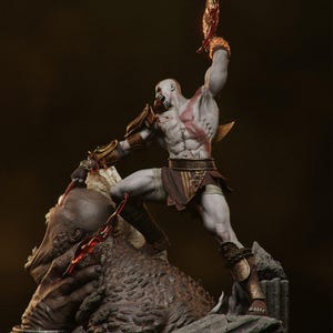 May include: A detailed statue of a muscular warrior in a dynamic pose, wielding two blood-covered blades. The figure is clad in bronze armor and a brown loincloth, standing atop a defeated creature. The statue has a gray and brown color palette.