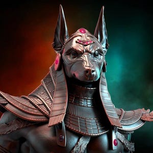 May include: A detailed sculpture of Anubis, the ancient Egyptian god of the afterlife, depicted with a jackal head and human body. The statue is metallic gray with red and pink accents, set against a gradient background of orange and teal.