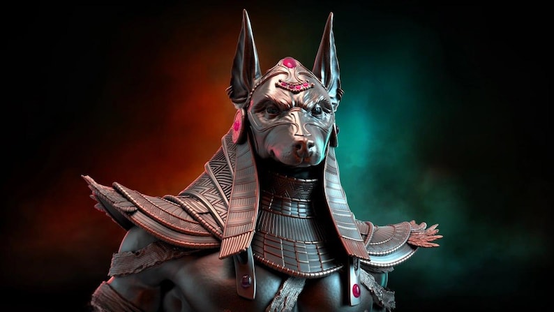 May include: A detailed sculpture of Anubis, the ancient Egyptian god of the afterlife, depicted with a jackal head and human body. The statue is metallic gray with red and pink accents, set against a gradient background of orange and teal.