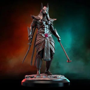 May include: A detailed statue of Anubis, the Egyptian god of the afterlife, depicted in a standing pose. The figure is metallic gray with intricate armor and a jackal head. It holds a sword and a staff, and is set against a gradient background.
