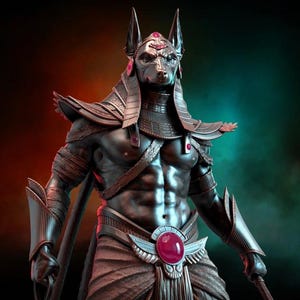 May include: A detailed statue of Anubis, the Egyptian god of the afterlife, with a jackal head and human body. The figure is dark gray with metallic accents, a red gem, and intricate armor. The background has red and green lighting.