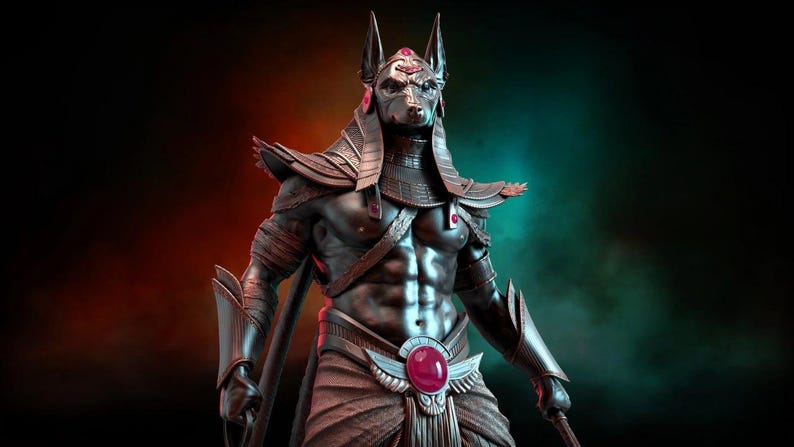May include: A detailed statue of Anubis, the Egyptian god of the afterlife, with a jackal head and human body. The figure is dark gray with metallic accents, a red gem, and intricate armor. The background has red and green lighting.