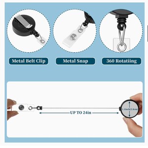 May include: A black retractable badge holder with a metal belt clip, a metal snap, and a 360-degree rotating swivel. The holder has a clear plastic badge holder and a black retractable cord that extends up to 24 inches.