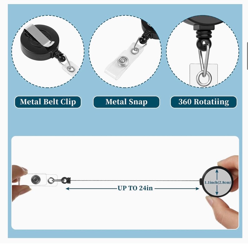 May include: A black retractable badge holder with a metal belt clip, a metal snap, and a 360-degree rotating swivel. The holder has a clear plastic badge holder and a black retractable cord that extends up to 24 inches.