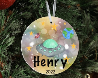 UFO Christmas ornament, Space Christmas ornament, personalized outer space gift, Personalized kids ornament, Christmas space gift, Kids gift