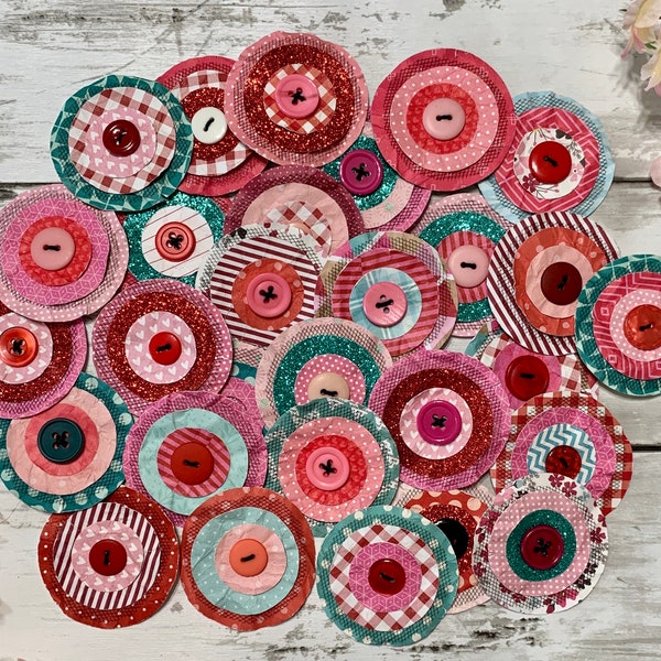 handmade valentine red pink distressed layered paper embellishments for junk journal, scrapbooking, crafting supplies, ephemera (set of 6)