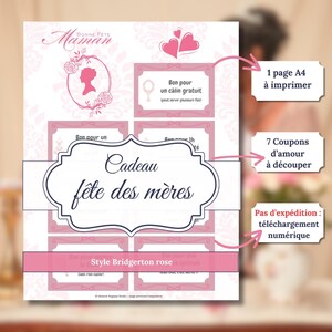 CADEAU fête des mères, coupons à imprimer – Bons d'amour d'un enfant pour sa maman – Style Bridgerton rose – Cadeau imprimable rapidement