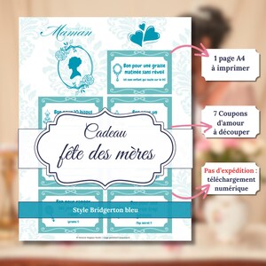 CADEAU fête des mères à imprimer – coupons d'amour d'un enfant pour sa maman – Style Bridgerton bleu – PDF imprimable : immédiat et rapide