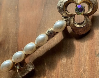 Key Brooch by Coro, Vintage Gold Pearl Rhinestone Brooch, Vintage 1950s 1960s Jewelry