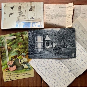 Antique Photographs Postcards Ephemera, Lot of 5 Pieces, Unique Vintage Wall Art Print Small, WW2 1920s Vargas Pinup Girl Garden