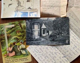 Antique Vintage Photographs Postcards Ephemera 5 pieces, WW2, 1920s, Pinup Girl, Letter