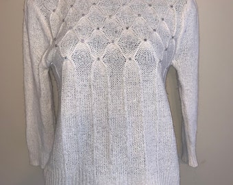 Angora Rabbit Sweater - Vintage Sweater, size Medium - Cream Cable Knit with Rhinestones