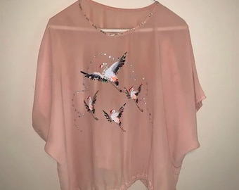 Bird Blouse - Vintage Blouse, 70s Shirt, size Small to Large - Hand Painted, Bird Shirt, Handmade, Boho
