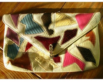 Vintage Leather Bag, Clutch - Dyed Snakeskin, Boho, Clutch Handbag, Y2k