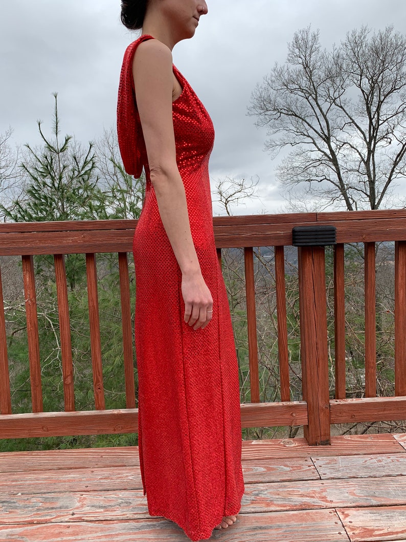 Prom Dress Vintage 70s Dress Evening Gown Maxi Dress Red Sequin Dress size Small Open Back