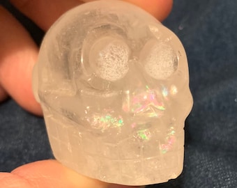 Clear Quartz Crystal Skull with Rainbow Flash, Pastel Goth Decor, Halloween