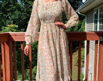 Pastel Floral Dress - Vintage Dress, 60s Dress, size Small - Cottagecore Dress, Prarie Dress, Long Sleeve Dress, Summer Dress