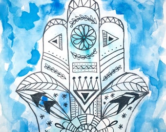 006/100 Paintings for Sale - Hamsa Hand 2 - Watercolor and Ink on Paper