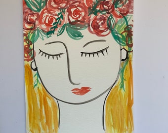 027/100 Pinturas en Venta, Diosa de las Flores con Rosas, Pintura de Acuarela sobre Papel, 9x12"