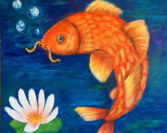 001/100 Paintings for Sale - Koi Fish and White Lotus Painting - 20x20"