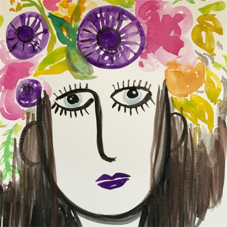 028/100 Paintings for Sale, Flower Goddess with Mixed Flowers, Watercolor Painting on Paper, 9x12 image 2