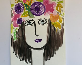 028/100 Paintings for Sale, Flower Goddess with Mixed Flowers, Watercolor Painting on Paper, 9x12"