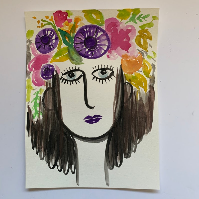 028/100 Paintings for Sale, Flower Goddess with Mixed Flowers, Watercolor Painting on Paper, 9x12 image 1