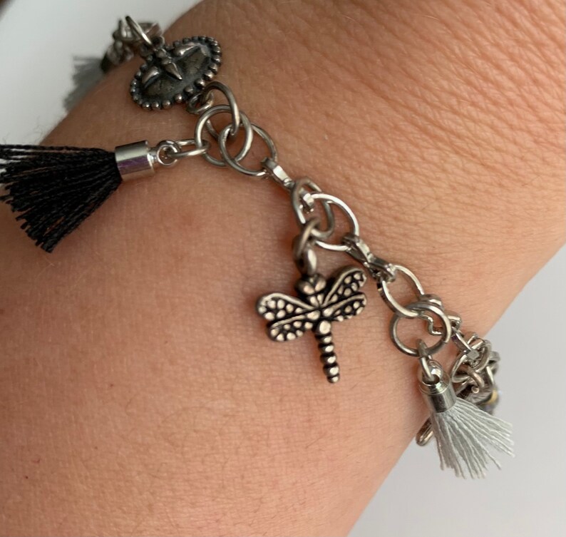 Calla Lily Charm Charm and Tassel Bracelet in Silver and Black 7 12 Length Dragonfly Charm Gingko Charm
