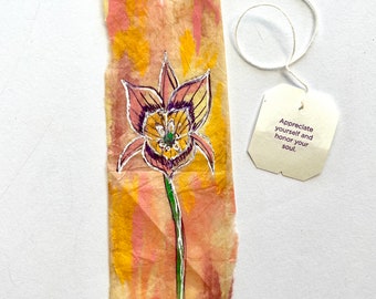 018/100 Paintings for Sale, Flower Watercolor and Ink Art on a Tea Bag