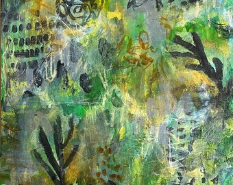 Underwater Seascapes #8, Original Abstract Painting Mixed Media on Canvas Paper Linen Finish, Contemporary Art, Unframed, 12x12"