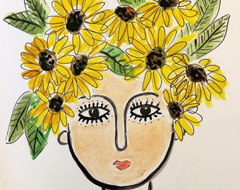 029/100 Pinturas en Venta, Diosa de las Flores con Girasoles, Pintura de Acuarela sobre Papel, 9x12"