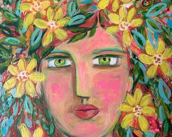 023/100 Pinturas en venta - Diosa de las flores amarillas, 16x20"