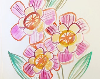 030/100 Paintings for Sale, Kitschy Retro Flowers, Watercolor Painting on Paper, 9x12"