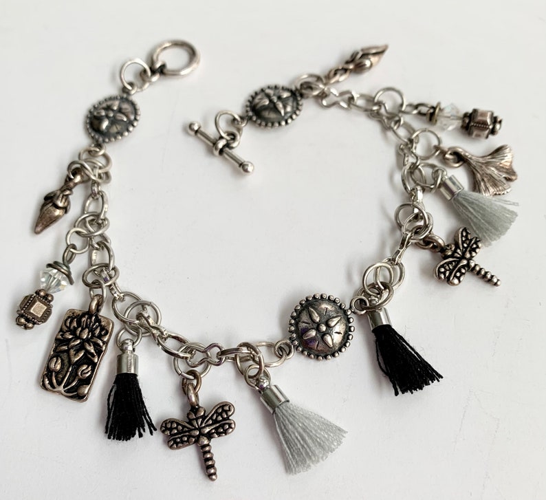 Calla Lily Charm Charm and Tassel Bracelet in Silver and Black 7 12 Length Dragonfly Charm Gingko Charm