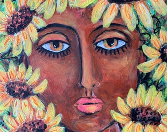 034/100 Paintings for Sale - Sunflower Flower Goddess, 9x12"