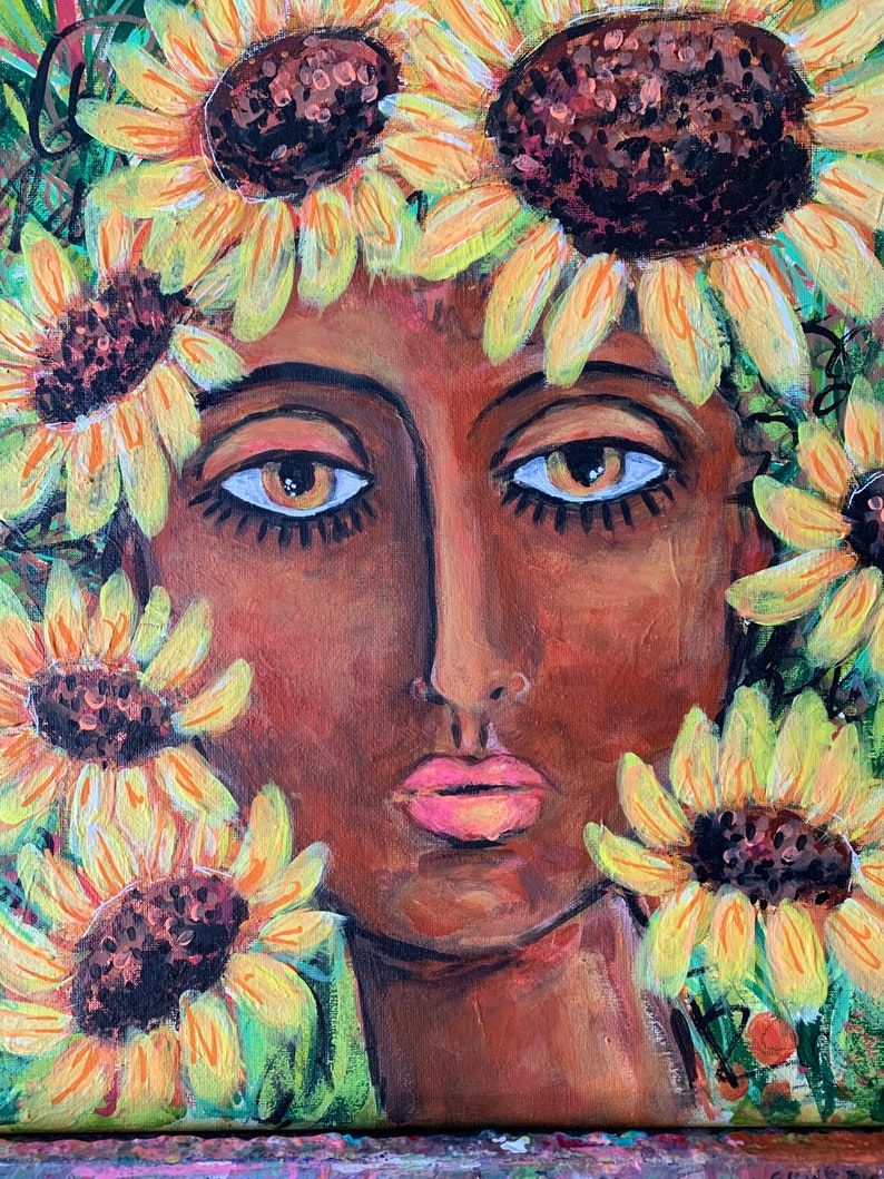 034/100 Paintings for Sale Sunflower Flower Goddess, 9x12 image 1