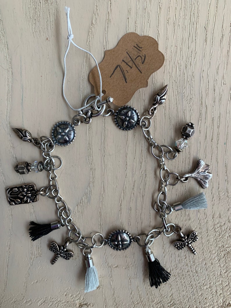 Calla Lily Charm Charm and Tassel Bracelet in Silver and Black 7 12 Length Dragonfly Charm Gingko Charm