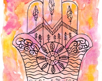 005/100 Paintings for Sale - Hamsa Hand 3 - Watercolor and Ink on Paper